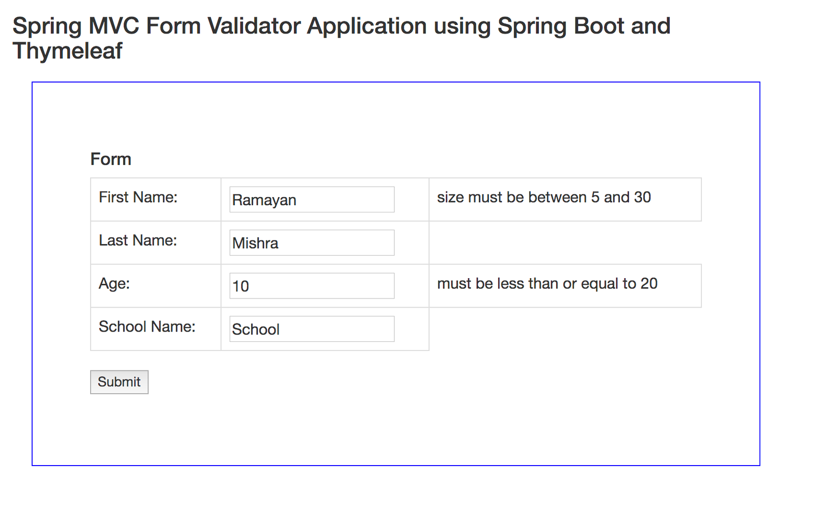 Sample Spring MVC Form Validator - Javagyansite
